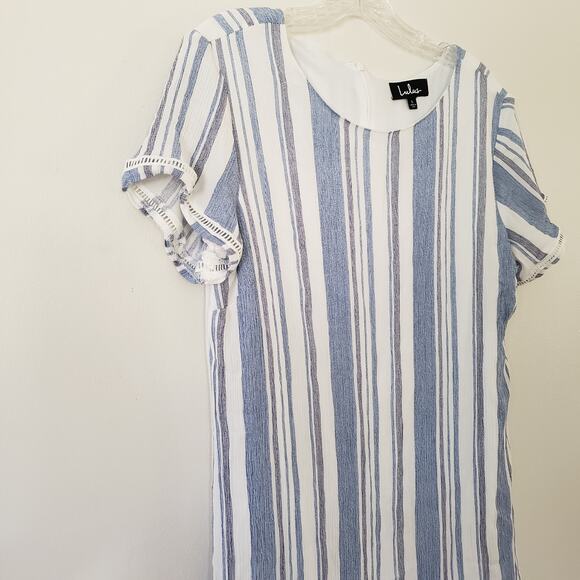 Lulu's Shift Dress Short Sleeve Rayon Blue White Vertical Stripes Mini Dress L - Picture 5 of 9